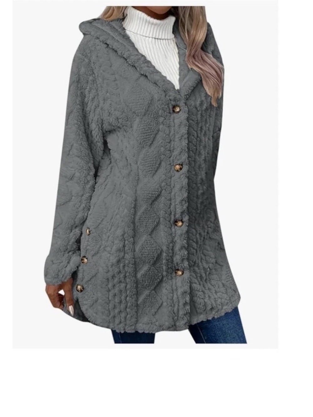 Women's Gray Mid-Length Hooded Sherpa Cardigan Jacket Plus 3XL Button